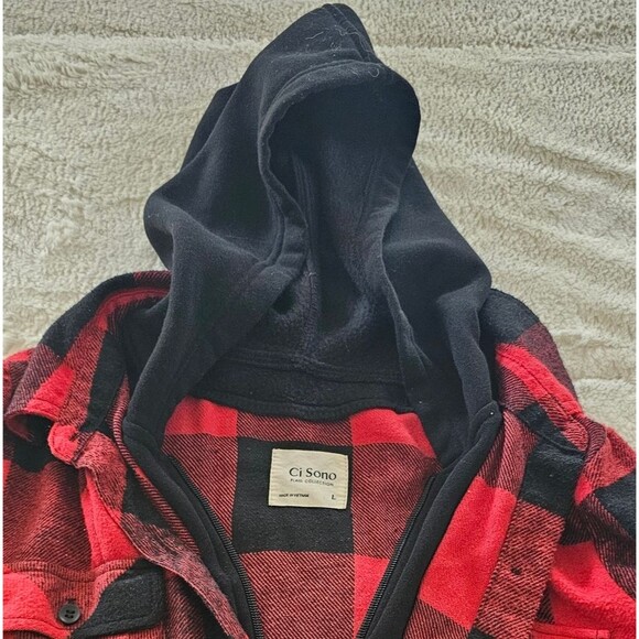 Ci Sono Red and Black Checkered Zipper/Button Hooded Fleece Hoodie. Large - Picture 4 of 4